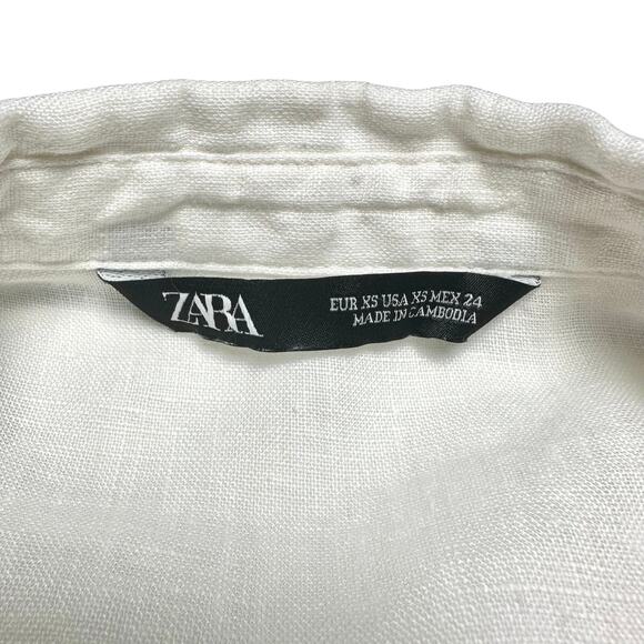 Zara | Women | 100% Linen White Roll Tab V-Neck Button Up Top | Size XS - Picture 8 of 10